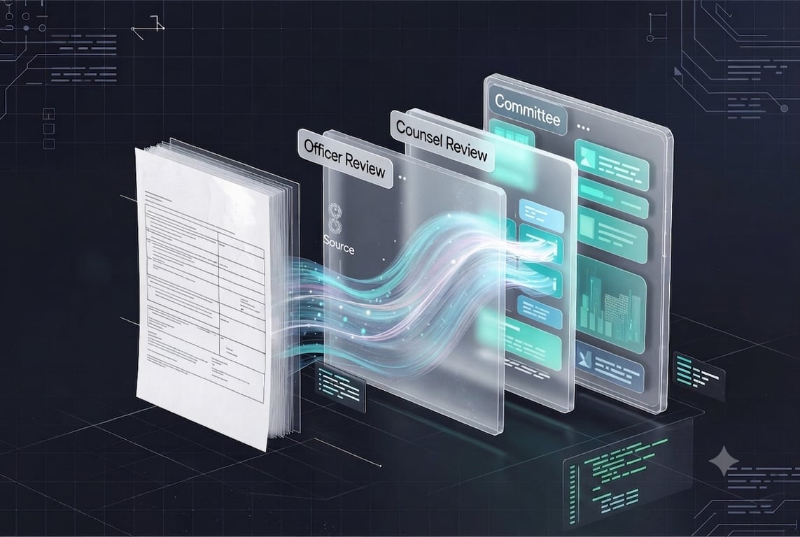 A paper trust instrument flows through structured extraction into three review stages — officer review, counsel review, and committee — each represented as a translucent panel with increasingly organized fields.