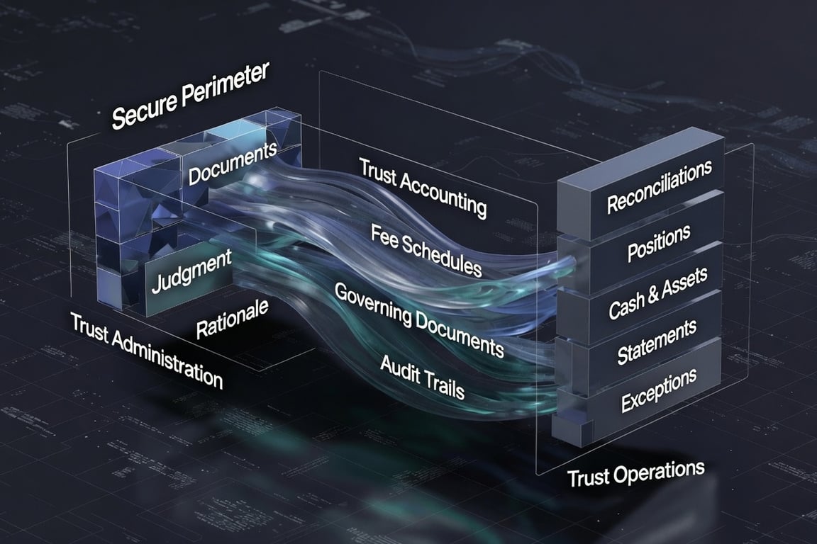 Trust administration inputs — documents, judgment, and rationale inside a secure perimeter — flow through trust accounting, fee schedules, governing documents, and audit trails into trust operations outputs: reconciliations, positions, cash and assets, statements, and exceptions.