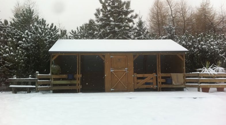 Horse shelter with centre tackshed in snow