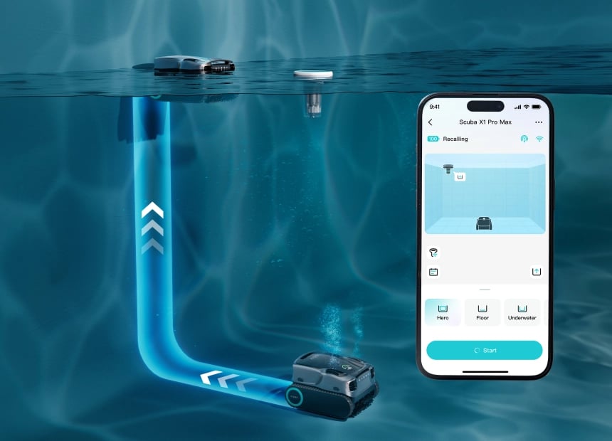 Aiper Scuba X1 Pro Max cordless robotic pool cleaner auto-parking and retrieval system controlled by smart app.