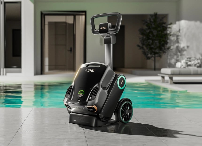 Aiper Scuba X1 Pro Max cordless robotic pool cleaner with portable trolley for easy transportation and storage.
