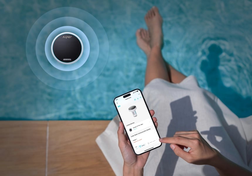 Aiper Scuba X1 Pro Max cordless robotic pool cleaner controlled via smart app and wireless connection by the pool.