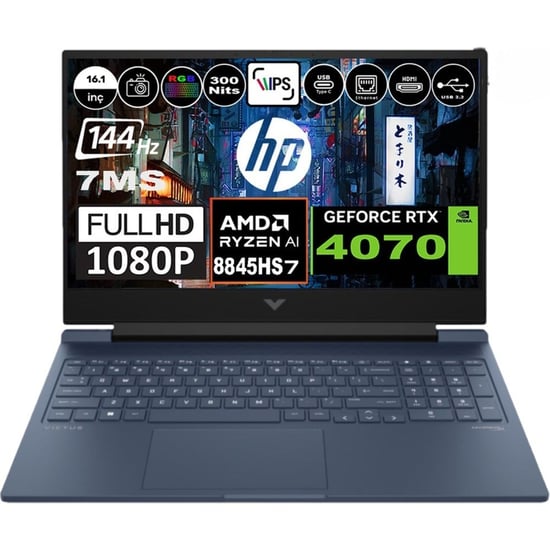 HP Victus 16 Amd Ryzen 7 8840H 24GB Ddr5 1tb SSD RTX4070 (8gb) 144Hz 7ms 300NİT 16.1 Inç WINDOWS11 F