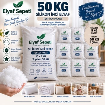 Elyaf Sepeti 50 Kg Silikon İnci Elyaf – 10 Adet 5 Kg Vakumlu Paket, 1 Çuval Toptan Dolgu Elyafı
