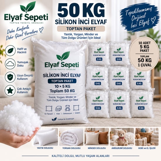 Elyaf Sepeti 50 Kg Silikon İnci Elyaf – 10 Adet 5 Kg Vakumlu Paket, 1 Çuval Toptan Dolgu Elyafı