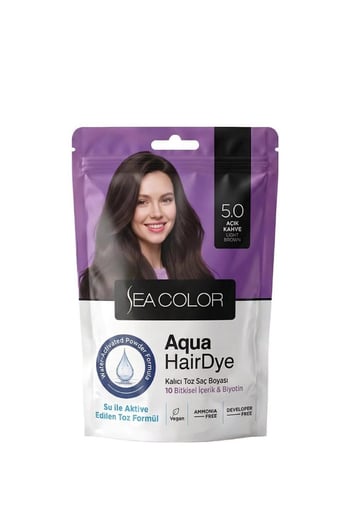 Sea Color Aqua Hair Dye Vegan & Amonyaksız Su ile Aktive Edilen Kalıcı Saç Boyası Toz 5.0 Açık Kahve
