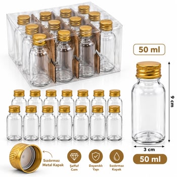 Yakut-13863 ( 50ml ) ( Çok Amaçlı & Dekoratif ) ( Boş Tüp ) Cam Şişe ( Gold Metal Kapaklı )