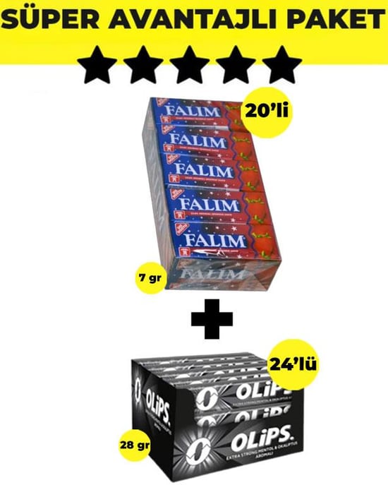 Falım Çilek Aromalı Sakız (5'li X 20 Adet)- Olips Keskin Mentol Şekerleme 24'lü Paket (28gr X 24 Adet) - Avantajlı Falım Olips Paketi