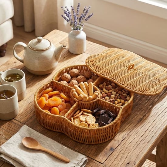 BUFFER® Kapaklı 5 Bölmeli Plastik Rattan Organizer Kutu – Hasır Desenli Çok Amaçlı Saklama ve Sunum 