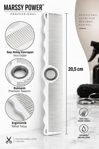 Marssy Power Rulmanlı Dönen Berber Kesim Tarağı 20,5 Cm Beyaz
