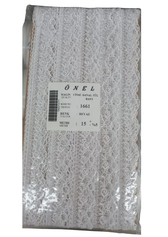Dantel Polyester Sanal Tül Bant Beyaz 15 Metre En 6 Cm On-1661-b