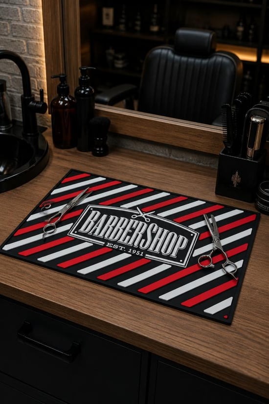 Dorsh Kuaför Salonu Tezgah Üstü Çalışma Matı Kırmızı Beyaz Barbershop F-175