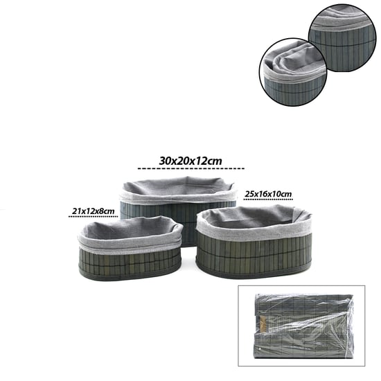 İ22-330 ( Gri ) ( 3 Boy ) ( Oval ) ( Bambu Kenar ) Organizer Sepet ( Ahşap Altlık & Bezli ) ( 12x21-16x25-20x30cm )