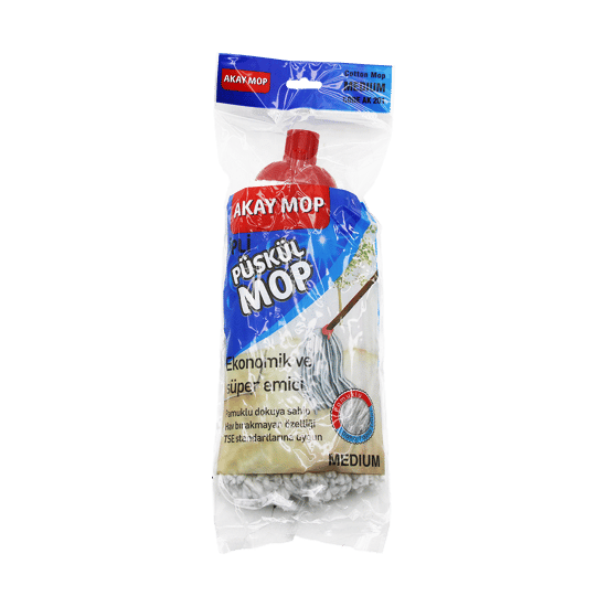 Akay Mop Ak-201 ( Küçük ) ( Klasik Sap Tutacak ) ( Örgülü İpli) Püskül Pamuklu Mop