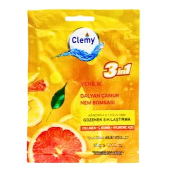 Clemy Dalyan Çamur Nem Bombası Gözenek Sıkılaştırma Arındırma ve Yoğun Nem 3 İn 1 Collagen, C Vitamin, Hyluronic Acid Maskesi Tek Kullanımlık 32 Ml
