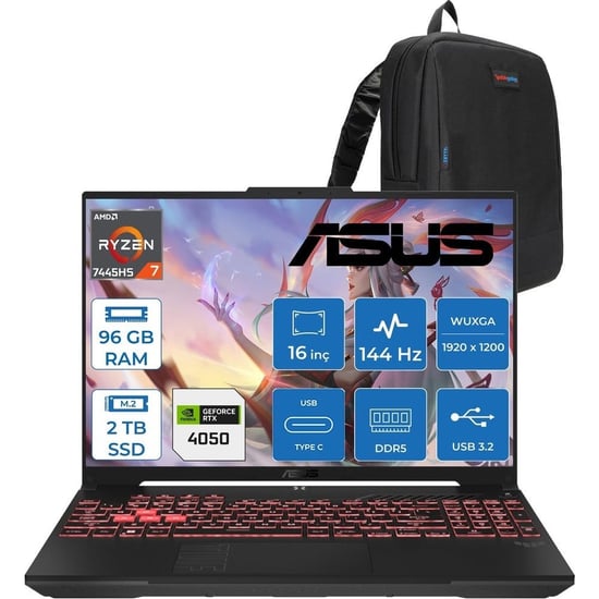 Asus Tuf Gaming A16 (FA607NUG-GAMING) Amd Ryzen™ 7 7445HS 96GB Ddr5 2tb SSD RTX4050/6GB 140W 16-Inch