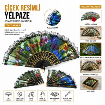 İnura Global Enfa-965 ( Çiçek Resimli ) ( Tüllü Kenar ) Yelpaze ( Plastik Bezli & Saplı )