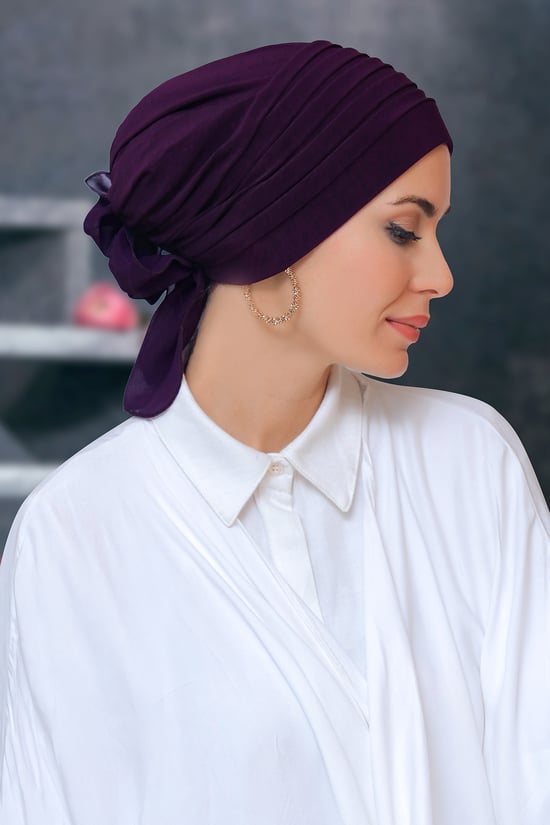 Hürrem Bone Mürdüm Pratik Hazır Geçmeli Tesettür Bone Sandy Kumaş Pileli Nervürlü Güllü 1806_07