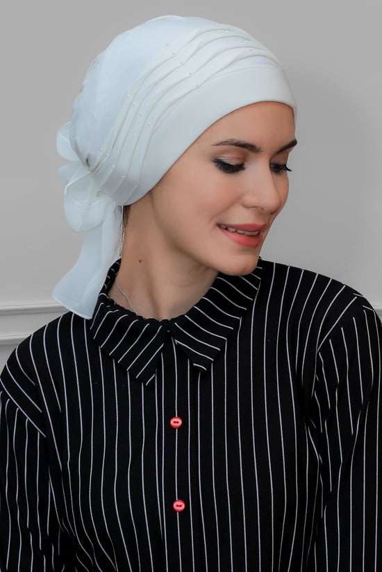 Hürrem Bone Krem Pratik Hazır Geçmeli Tesettür Bone Sandy Kumaş İncili Pileli Nervürlü Güllü 1805_40