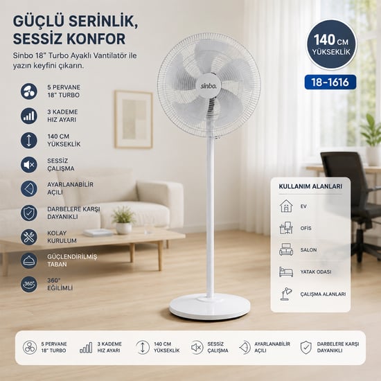 Sinbo Sf-6798 ( Beyaz ) ( 5 Pervane & 18'' ) ( Ev & Ofis ) ( Kompakt & Sessiz & Üç Kademe) ( 140cm Yükseklik ) Ayaklı Vantilatör