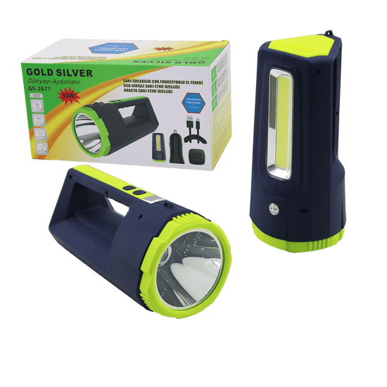 Gold Silver Gs-2677 2in1 ( 30w & 10w Cob Led ) Usb & Oto Şarjlı El Feneri Projektör