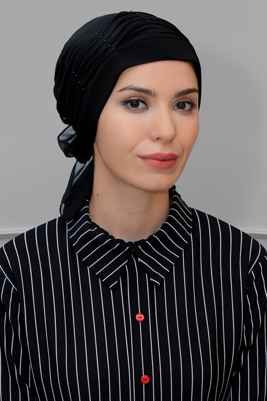 Hürrem Bone Siyah Pratik Hazır Geçmeli Tesettür Bone Sandy Kumaş İncili Pileli Nervürlü Güllü 1805_01