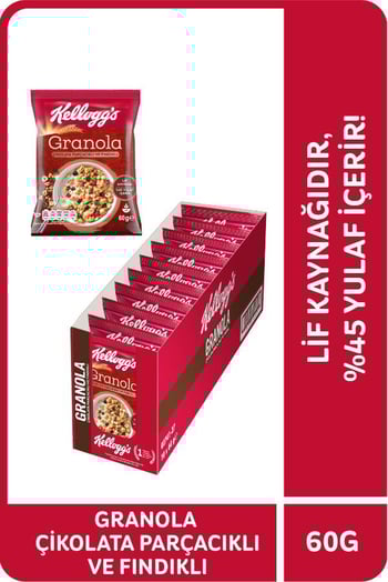 Kellogg's Çikolata Parçacıklı&Fındıklı Granola 60 Gr x10 Adet,%44 Yulaf içerir,Lif Kaynağı