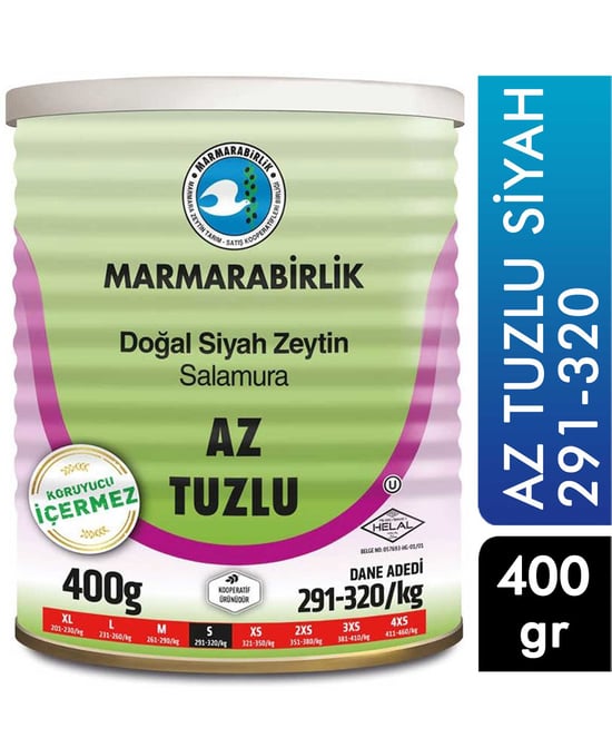 Marmara Birlik Siyah Zeytin 400g Az Tuzlu (291-320) Teneke