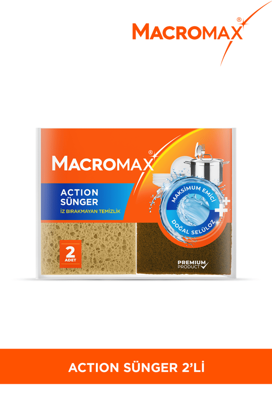 Macromax Action Sünger 2'li Paket Doğal Selülozlu Maksimum Emici İz Bırakmaz Bulaşık Süngeri