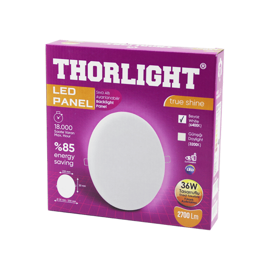 Thorlight S-236 (36w) (22cm) (beyaz) Led Panel (sıva Altı Ayarlı Mandallı) (6400k & 2700lm & 18000 Saat & 2835 Smd)