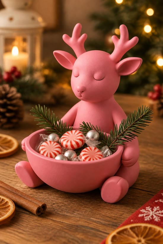 Ren Geyiği Figürlü Çok Amaçlı Kase – Noel Sunum Kabı Pembe