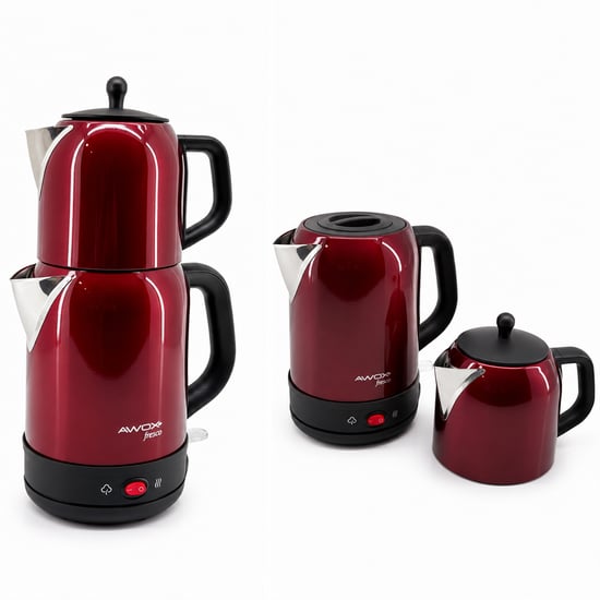 Awox Fresco ( Kırmızı ) ( 2in1= Çaycı & Kettle ) ( Çelik ) Elektrikli Çay Makinası ( 1.7lt & 1.2lt ) ( Çay Süzgeçli ) ( 360° Dönebilir ) ( 2200w )