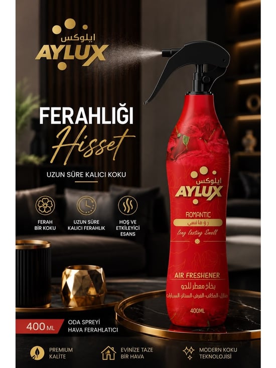 Aylux Romantic Oda Parfümü, Tekstil Parfümü, Hava Ferahlatıcı, Koku Giderici ve Araç Kokusu 400 Ml