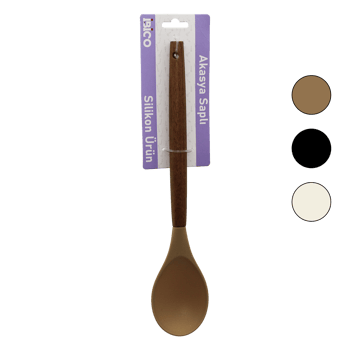 İ22-015 ( Renkli Silikon ) ( Ahşap Akasya Saplı ) ( Servis ) Kaşık ( 29cm )