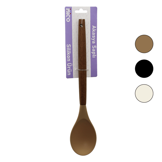 İ22-015 ( Renkli Silikon ) ( Ahşap Akasya Saplı ) ( Servis ) Kaşık ( 29cm )