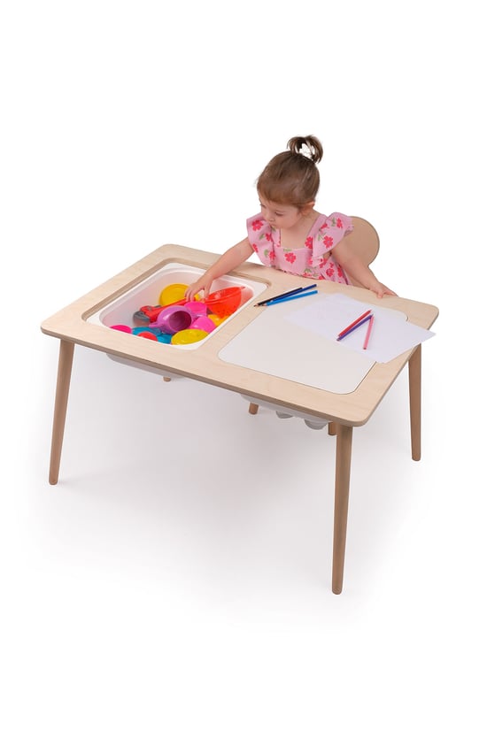 Montessori Çocuk Ahşap Oyun Etkinlik Çalışma Masası Seti, Sandalyeli ve 2 Saklama Alanlı