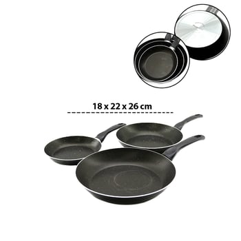 Papilla ( Ragnar ) ( 3pcs Set ) ( 18-22-26 Cm ) ( Teflon ) Tava ( Tek Saplı ) ( Dış Teflon & İç Teflon + Kırçıl )