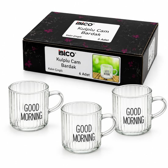 İ22-140 ( 6pcs ) ( Kulplu ) ( Good Morning & Kalın Çizgili Cam ) Kahve Yanı Bardak ( 90ml )