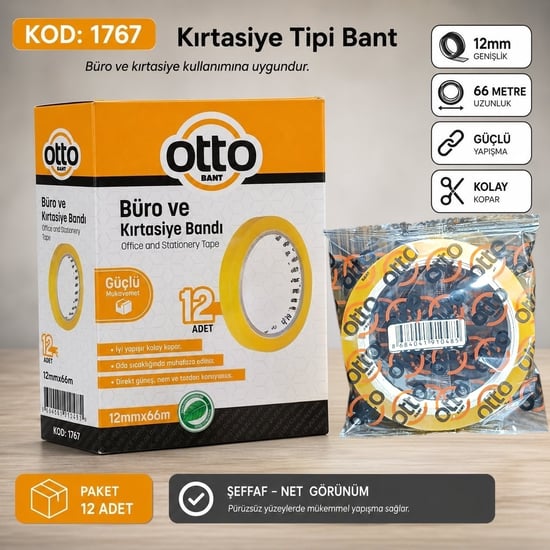 Hagiki Kırtasiye Tipi Bant 12mm 66 Metre Geniş Çaplı Bant