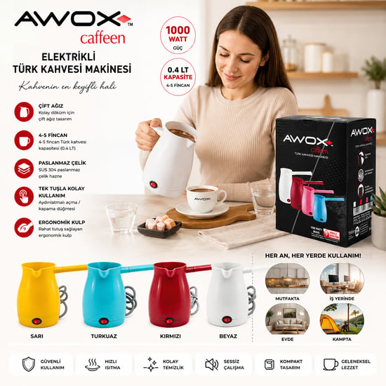 Awox Caffeen ( Mavi ) Elektrikli Cezve ( Türk Kahvesi ) Makinesi ( Plastik ) ( Çift Ağız ) ( 0.4lt & 5 Fincan ) ( 1000w )