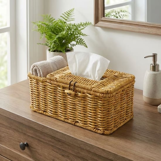 BUFFER® Bölmeli Kapaklı Doğal Rattan Görünümlü Hasır Makyaj, Takı ve Havlu Düzenleyici – Peçetelikli