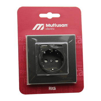 Mutlusan Rita-2220 629 0295 ( Blisterli & Kartlı ) ( Füme & Usb + Type-c ' Li Topraklı Priz ) Çerçeveli