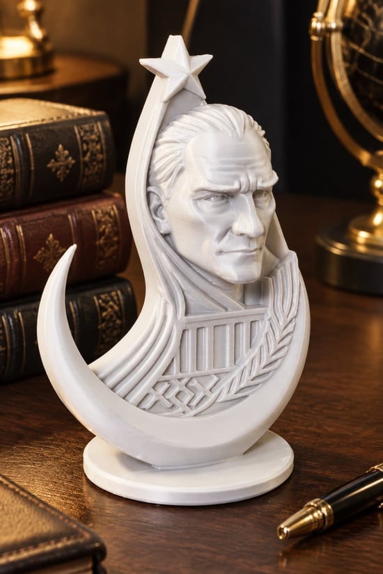 Ay Yıldızlı Atatürk Figürlü Dekoratif Mini Biblo Beyaz