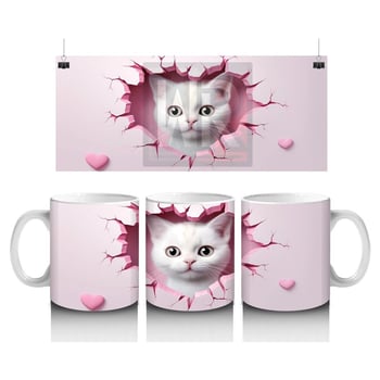 Pembe Kalplerle Süslenmiş Sevimli Kedi – Baskılı Kahve Kupası