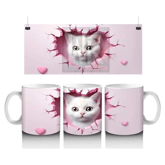 Pembe Kalplerle Süslenmiş Sevimli Kedi – Baskılı Kahve Kupası