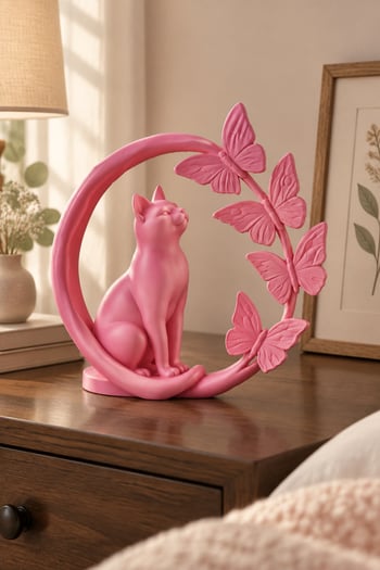 Kelebeklerle Çevrili Zarif Kedi Figürlü Dekoratif Biblo Pembe