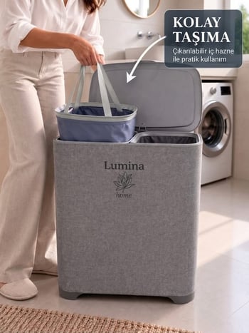 100 Litre Çift Bölmeli Kapaklı Kirli Çamaşır Sepeti