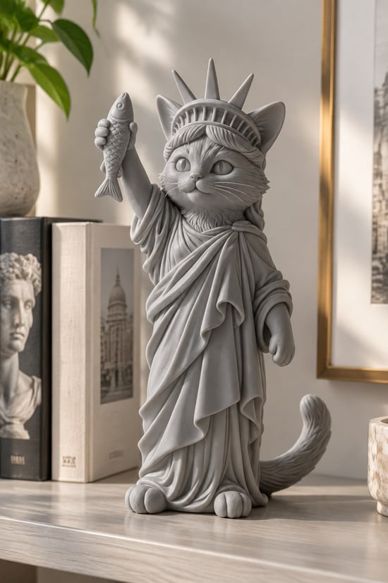 Özgürlüğün Kedisi Figürlü Dekoratif Biblo - Büyük Boy - 22cm Gri
