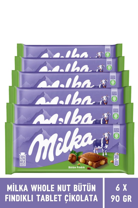 Milka Whole Nut Bütün Fındıklı Tablet Çikolata 90 Gr - 6 Adet