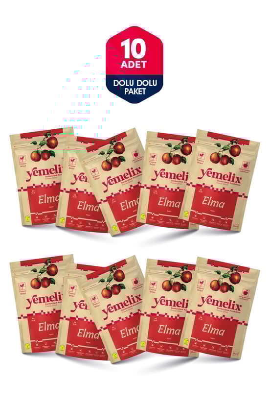 YEMELİX Freeze Dried 10'lu Dolu Dolu Paket Elma Kuru Meyve Cipsi - Dondurularak Kurutulmuş Elma 15Gx10